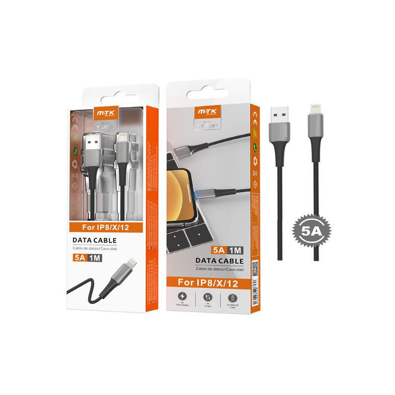 Cable datos USB 2.0 a Lightning iPhone 8-14 / 1m / 5a / Carga rapida / TB1281 / Gris / One+