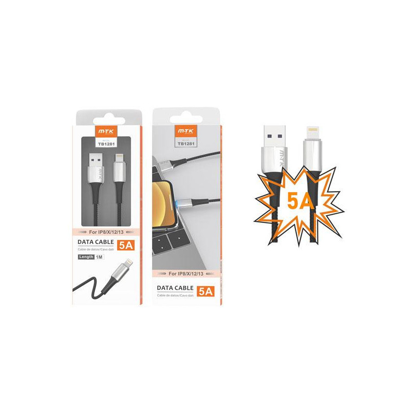 Cable datos USB 2.0 a Lightning iPhone 8-14 / 1m / 5a / Carga rapida / TB1281 / Plata / One+