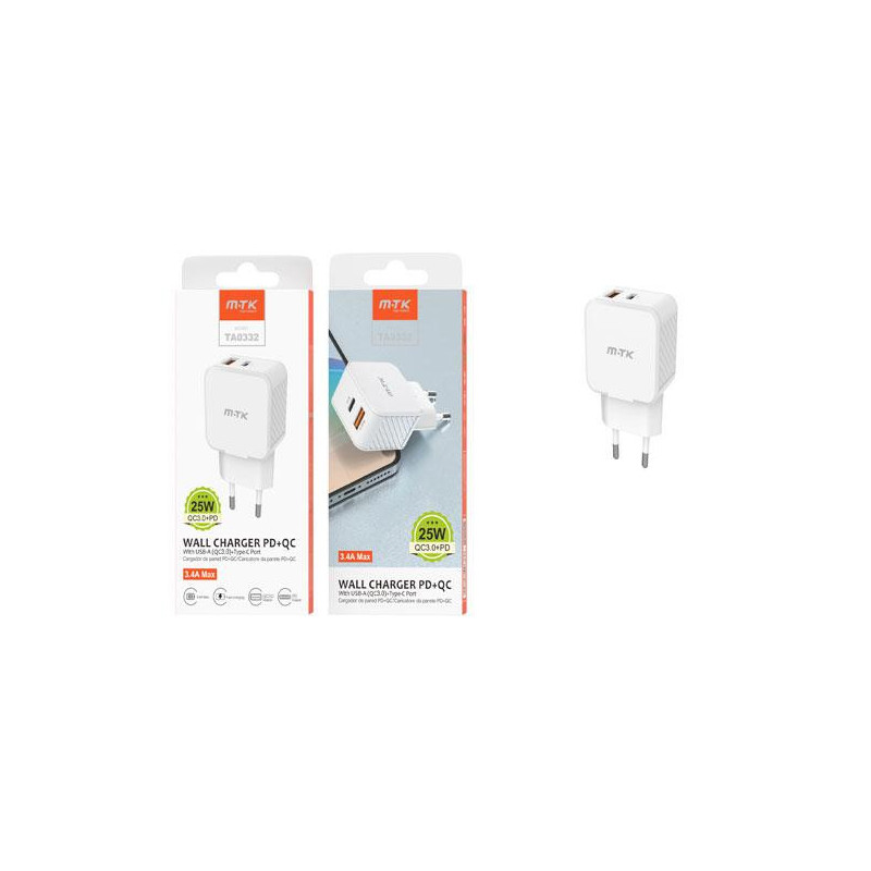 Cargador de red Usb QC3.0 + Type-C / 25W / Blanco / TA0332 / MTK