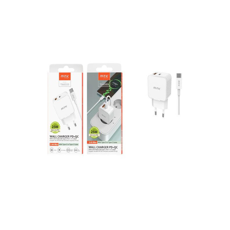 Cargador de red Usb + Type-C + Cable Type-C / 25W / Blanco / TA0333 / MTK