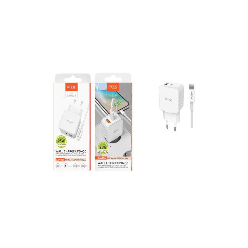 Cargador de red Usb + Type-C + Cable Type-C a Lightning Iphone 8-14 / 25W / Blanco / TA0334 / One+