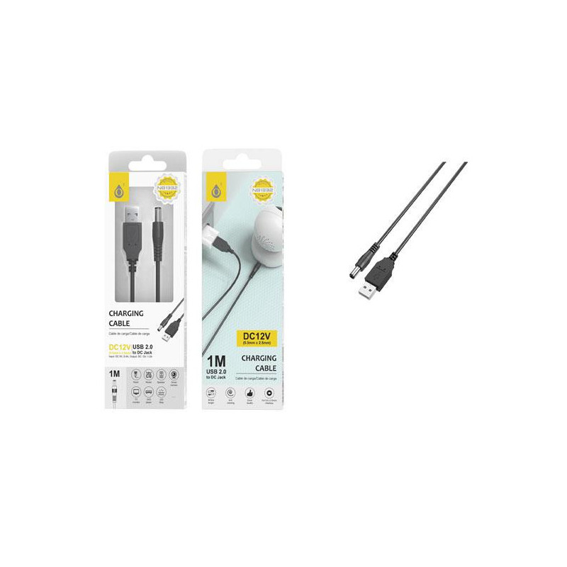 Cable de carga USB con conector jack DC 12V / 2a / 5.5x2.5mm / NB1332 / Negro