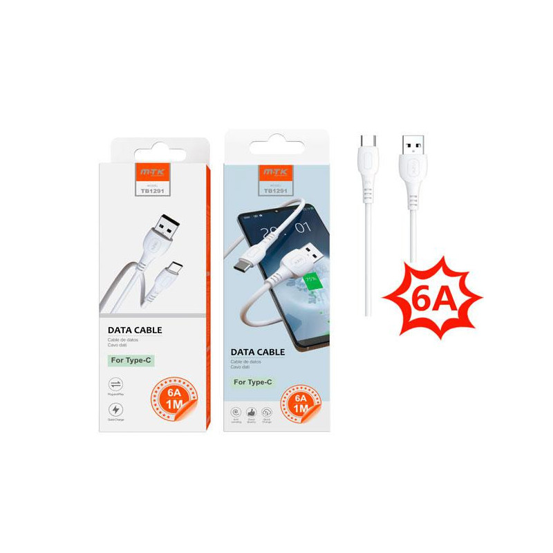 Cable datos USB 2.0 a Type-C / 1m / 6a / TB1291 / Blanco / One+