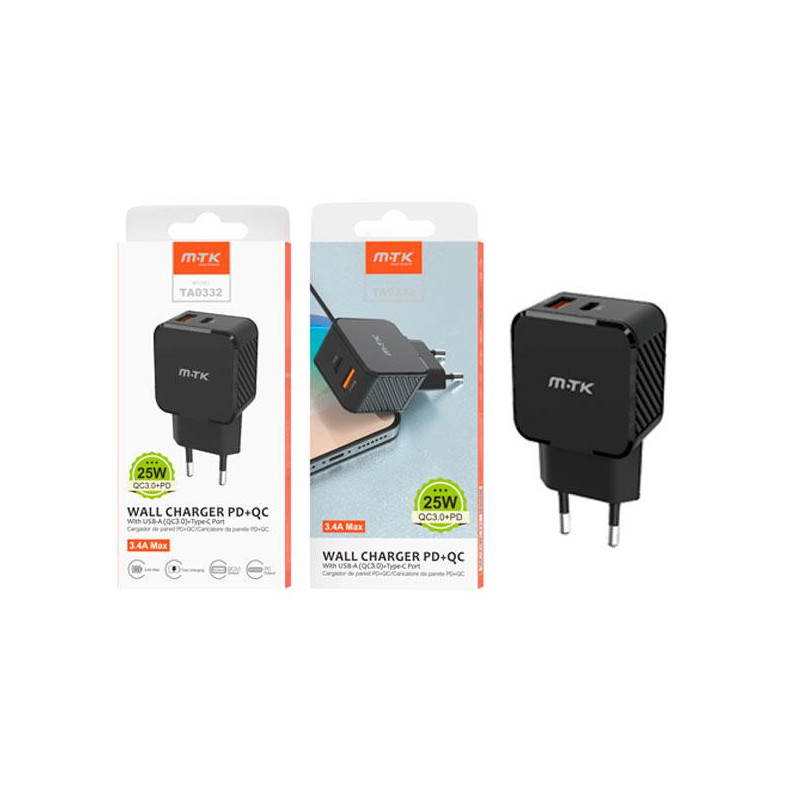 Cargador de red Usb QC3.0 + Type-C  / 25W / Negro / TA0332 / MTK