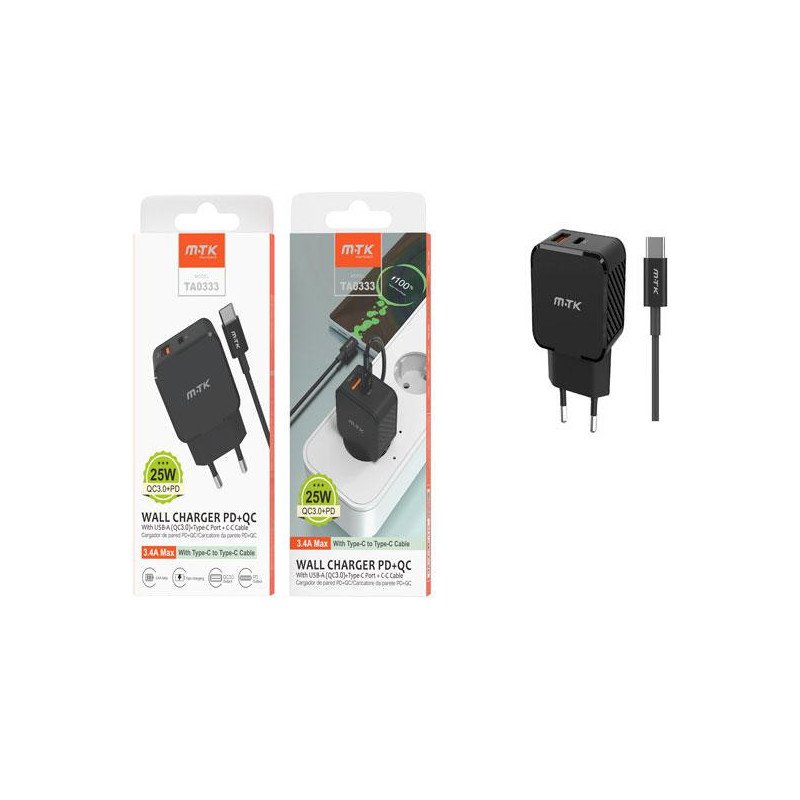 Cargador de red Usb + Type-C + Cable Type-C / 25W / Negro / TA0333 / MTK