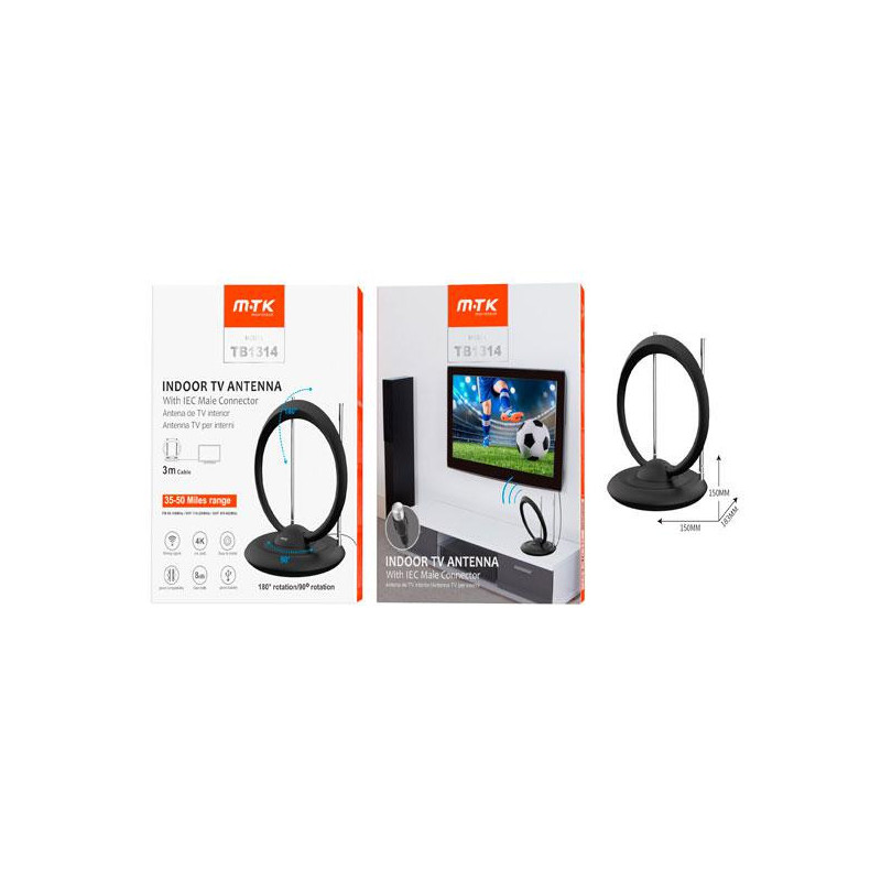 Antena de TV Interior TB1314 / 8 DBI / 4K / Rango de 80 KM / 3M / Negro / One+
