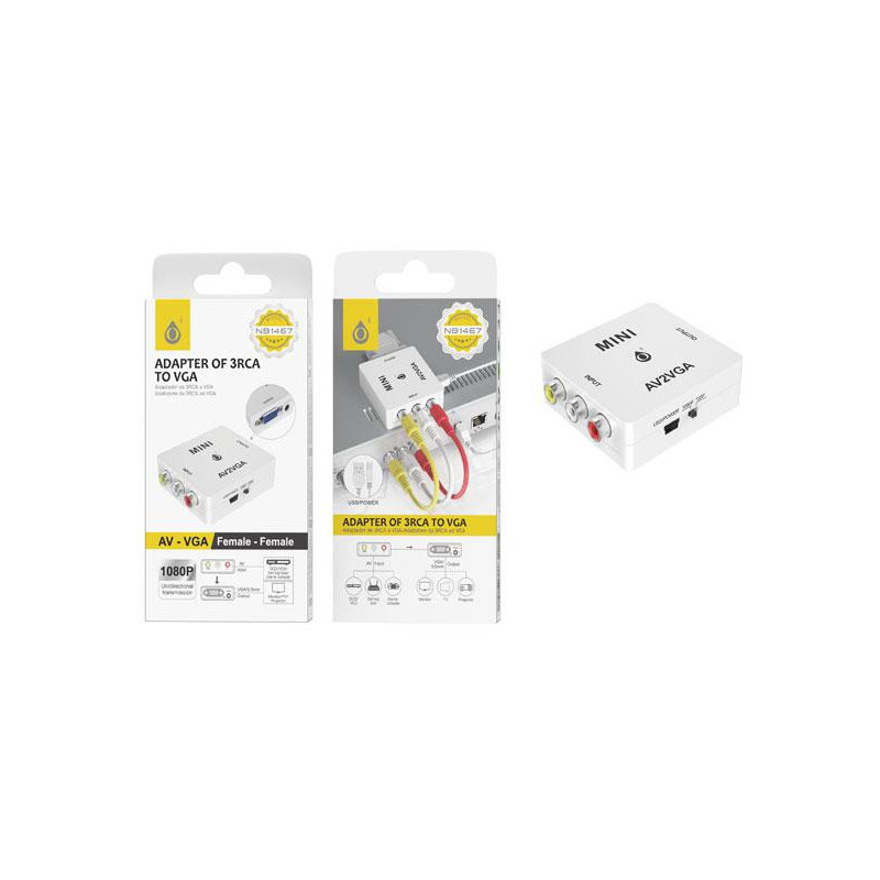 Adaptador Video Rca a Vga NB1467 / 3xRca Hembra / 720p-1080p / Alimentacion Micro Usb / 5v 1a