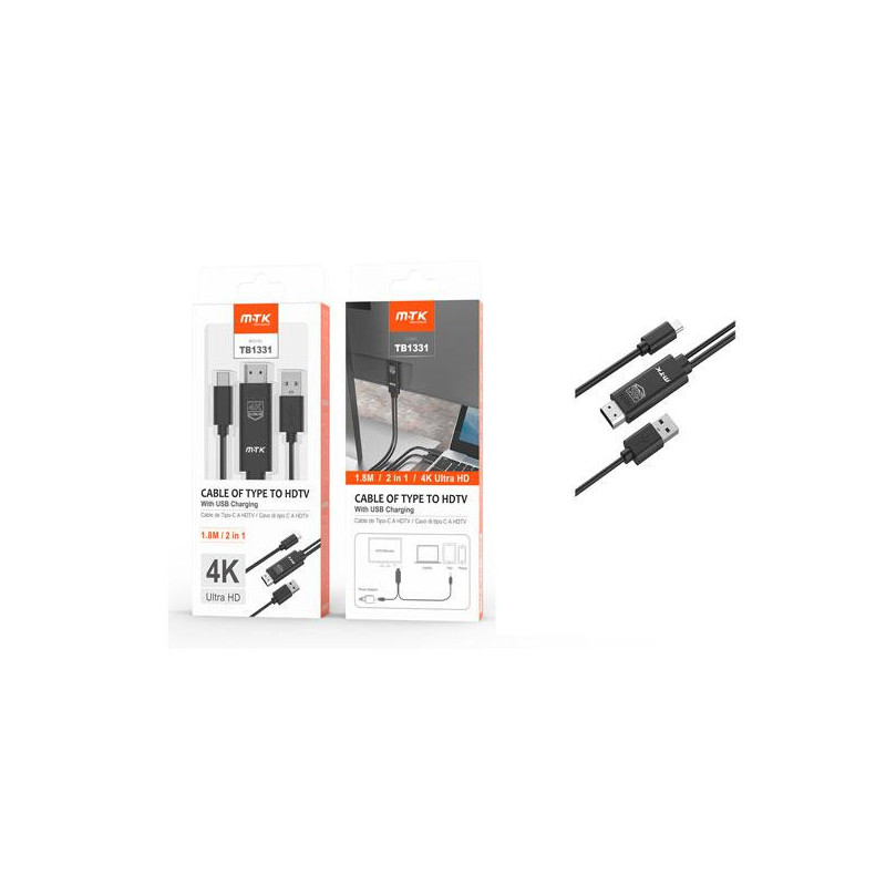 Cable adaptador Type-C a HDMI 4K + USB macho / TB1331 / 1.8m /  Negro / Mtk