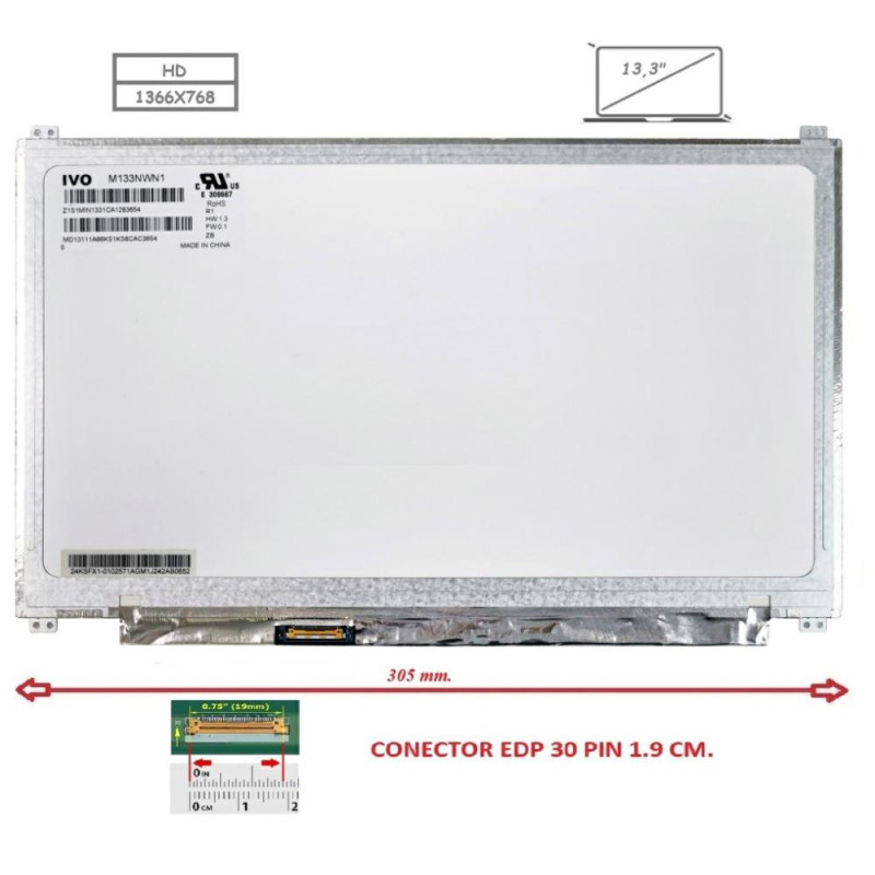 Pantalla compatible para portátil LED 13.3\ SLIM 30 Pines HD con Brackets Conector izquierda"