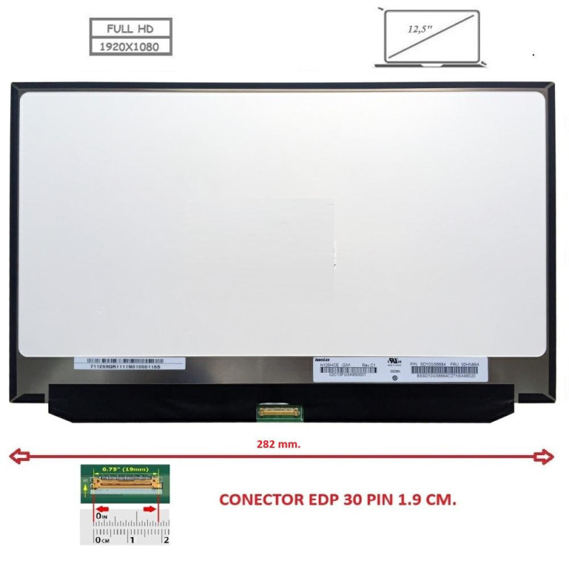 Pantalla compatible para portátil LED 12.5\ SLIM 30 Pines FULL HD Sin brackets"