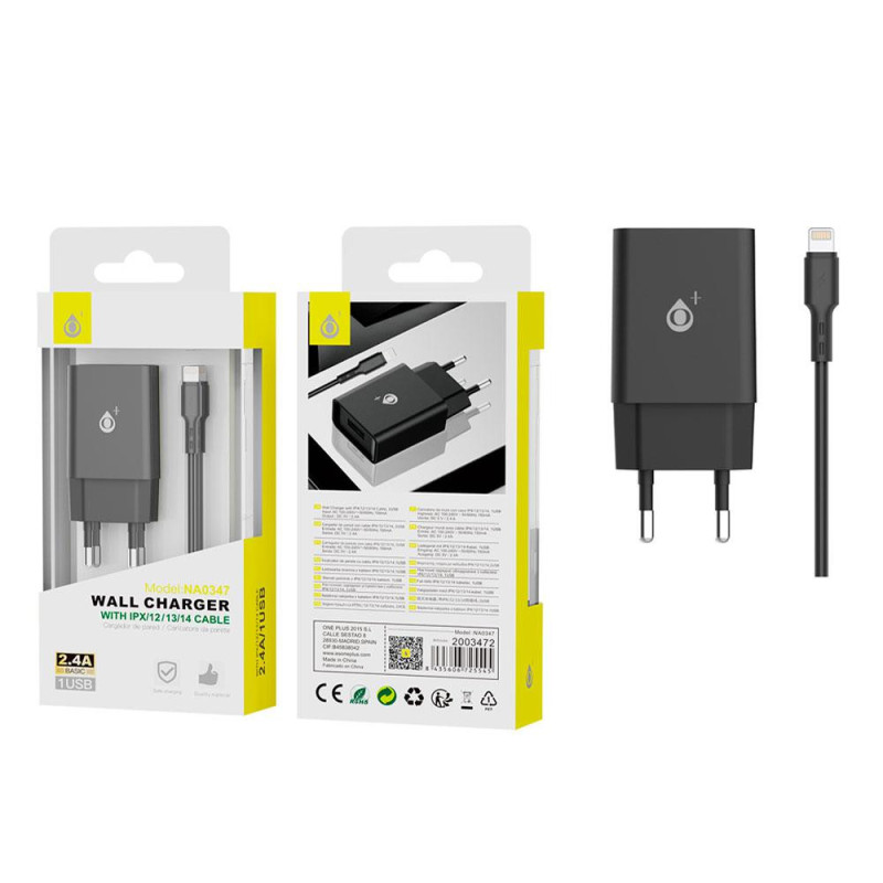 Cargador de red Usb + Cable Lightning Iphone 8-14 / 12w / Negro / NA0347 / One+