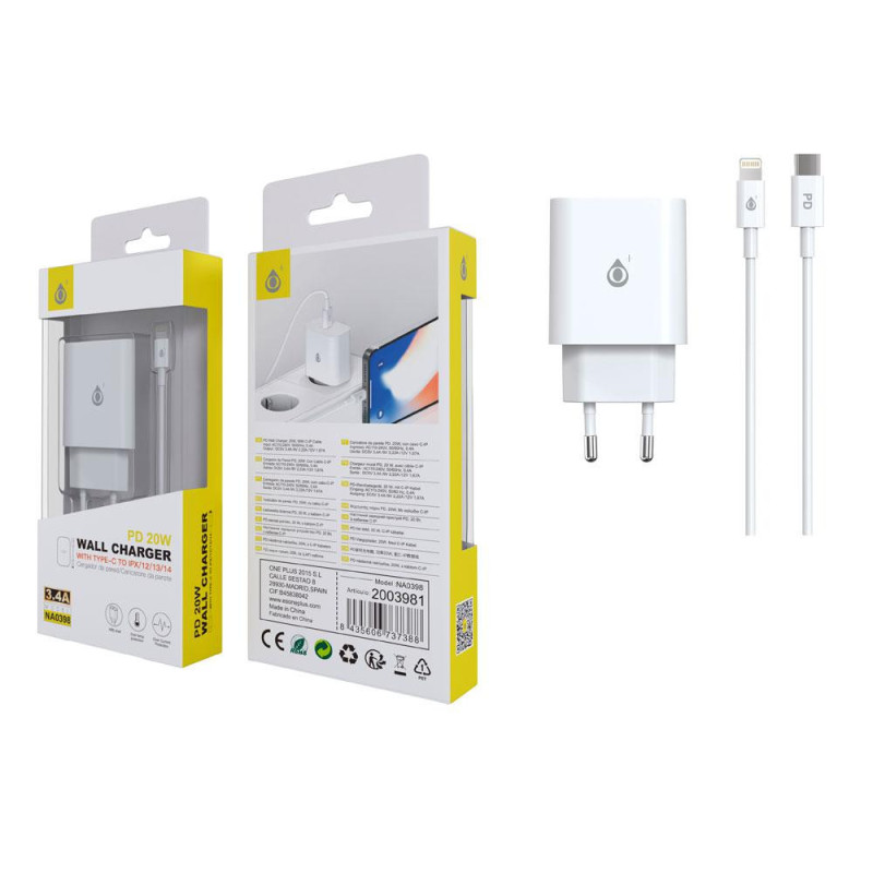 Cargador de red Usb Type-C + Cable Type-C a Lightning Iphone 8-14 / 20W / Blanco / NA0398 / One+