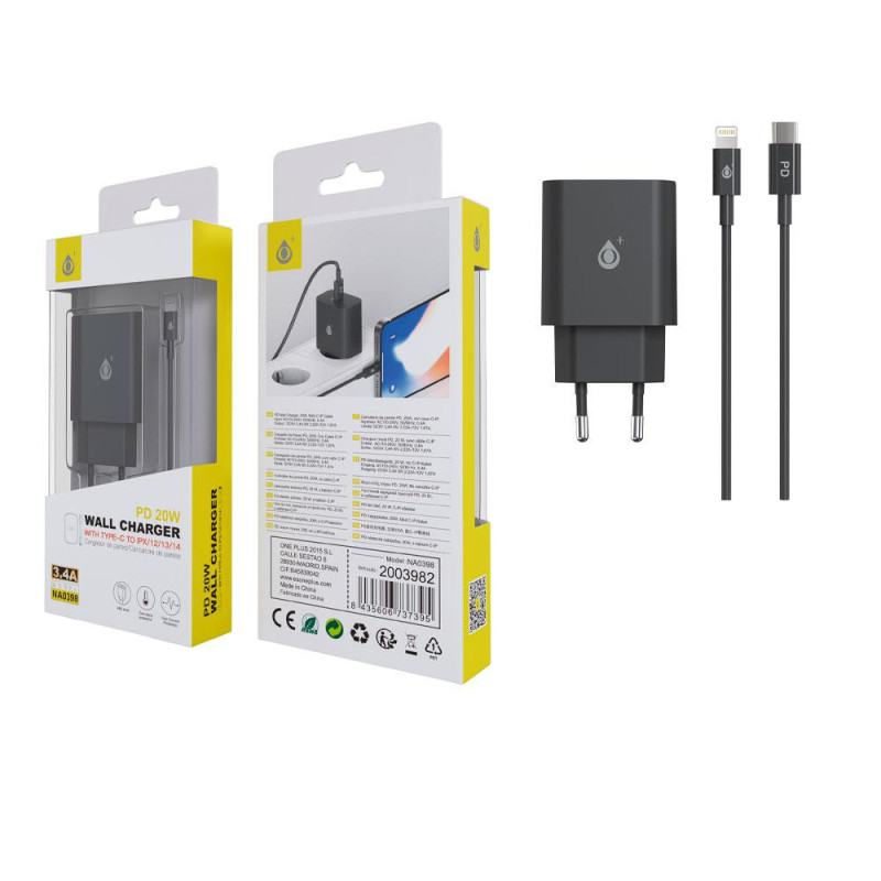 Cargador de red Usb Type-C + Cable Type-C a Lightning Iphone 8-14 / 20W / Negro / NA0398 / One+