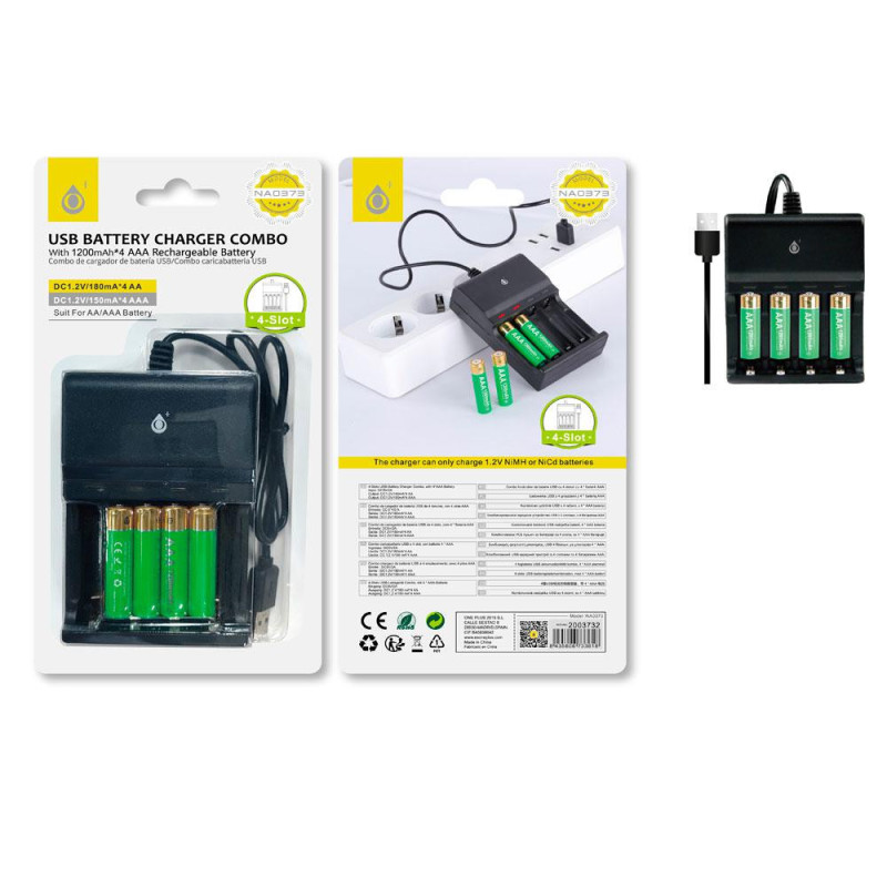 Cargador pilas USB AA - AAA (4x AAA 1.200Mah Incluidas)/ Indicador Luz / Negro / NA0373 / 2003732 / One+