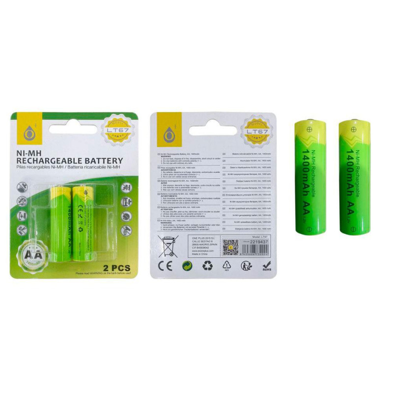 Pilas Recargables AA LR06 / 1400mAh / 1.2V /  LT67 / Pack 2 uds / One+
