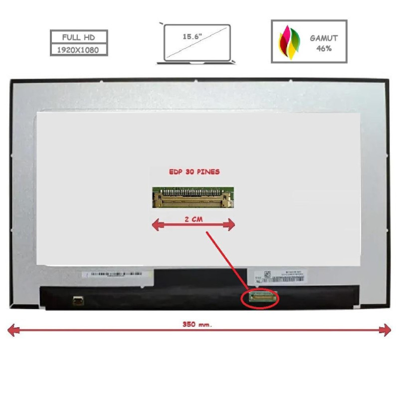 Pantalla para portátil LED 15.6\ Slim 30 Pines Full HD Sin Brackets Gamut 46% / Sin Reborde"