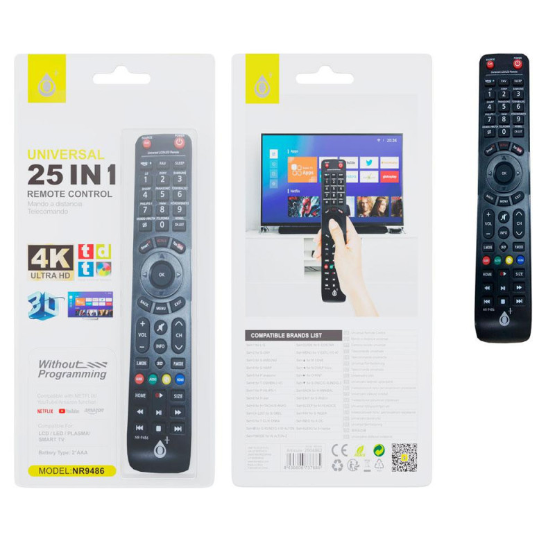 Mando a distancia TV Universal 25 en 1 / NR9486 / Negro / One+ / 2904862