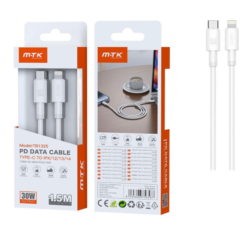 Cable datos Type-C a Lightning Iphone / 1.5 m / 30W / 3a / TB1325 / Carga Rapida PD / Blanco / 0153251 / MTK