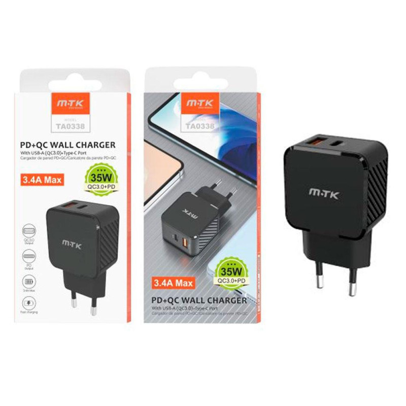 Cargador de red Usb QC3.0 + Type-C / 35W / Negro / TA0338 / MTK / 0053382