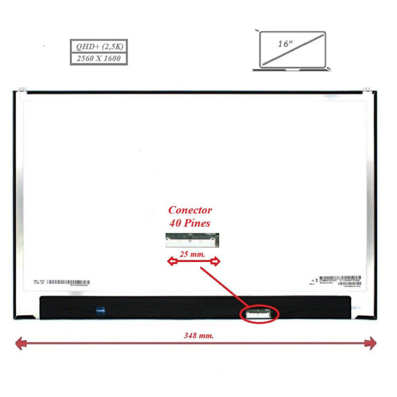 Pantalla para portátil LED 16\ Slim 40 Pines 2K Sin Brackets"