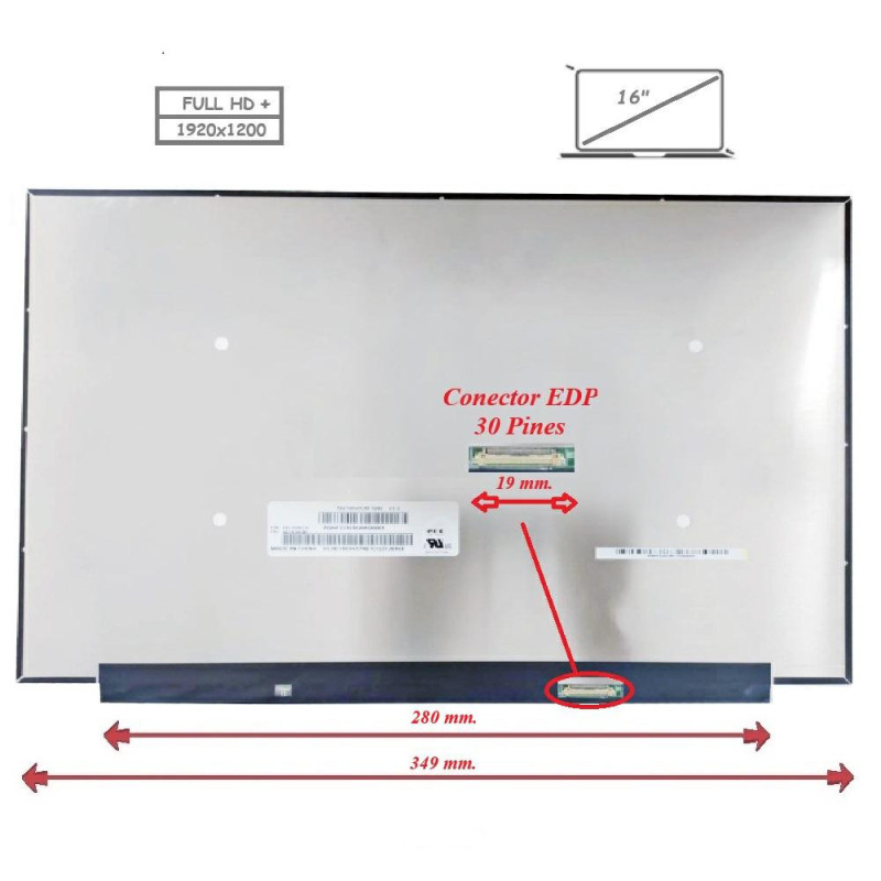 Pantalla para portátil LED 16\ Slim 30 Pines Full HD+ Sin Brackets / 350mm"