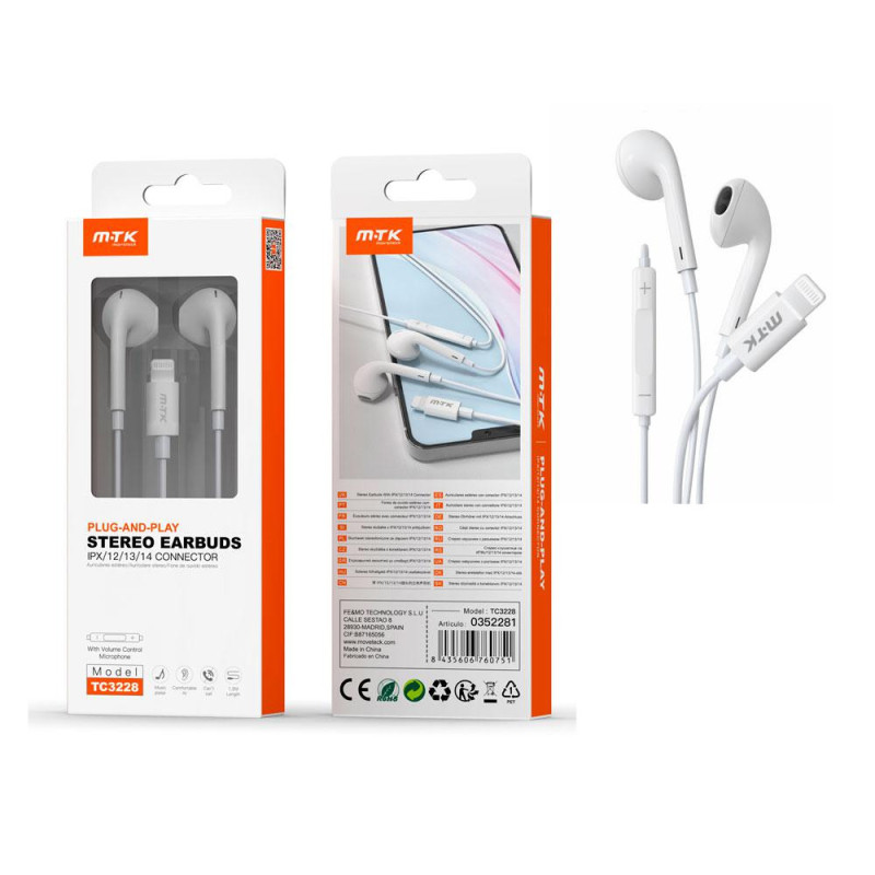 Auriculares Intrauditivos TC3228  iPhone conexion lightning / 1.2m / Blanco / MTK / 0352281
