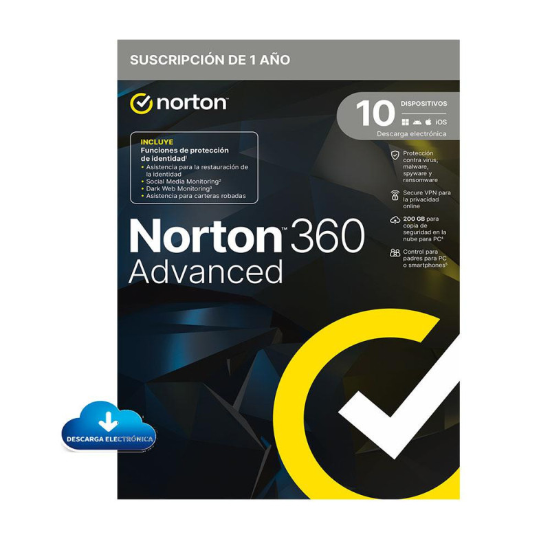 Norton 360 advanced 200gb 1 user 10 device 1 a?o  **l. electr?nica