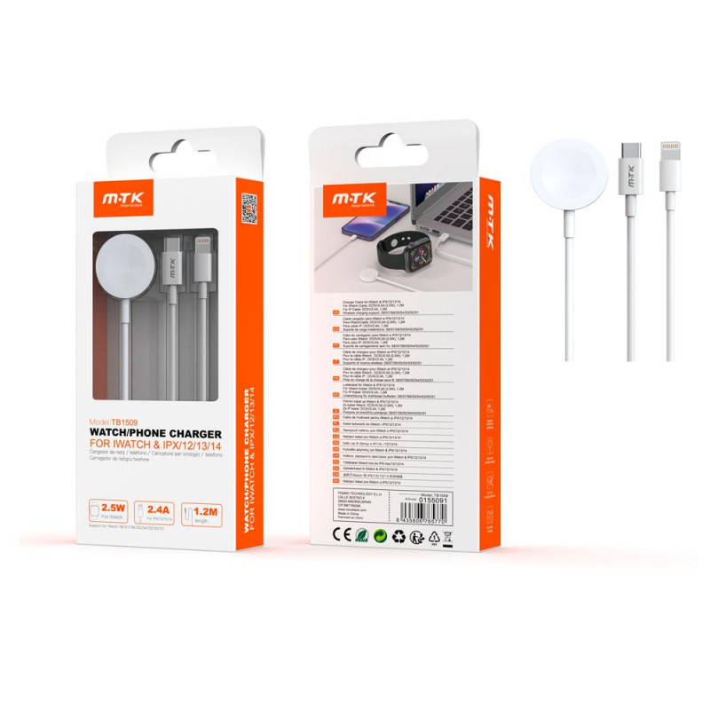 Cargador 2 en 1 Type-C TB1509 para Iphone / Apple Watch S1-S9 / 2.5W / Blanco / MTK / 0155091