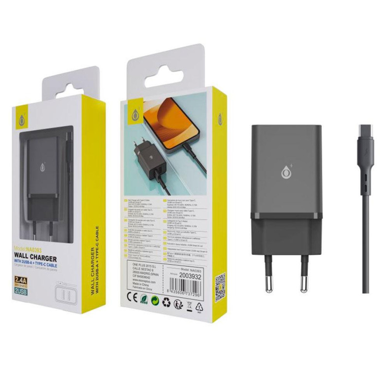 Cargador de red 2x Usb + Cable Type-C / 12W / Negro / NA0391 / 2003932 / One+