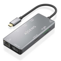 Aisens - usb-c dock 9 en 1, usb-c a 2xhdmi, 1xrj45, 2xusb-a usb3.0, 1xusb-a usb2.0, 1xusb-c pd, 1xsd, 1xmicro sd, gris, 15cm