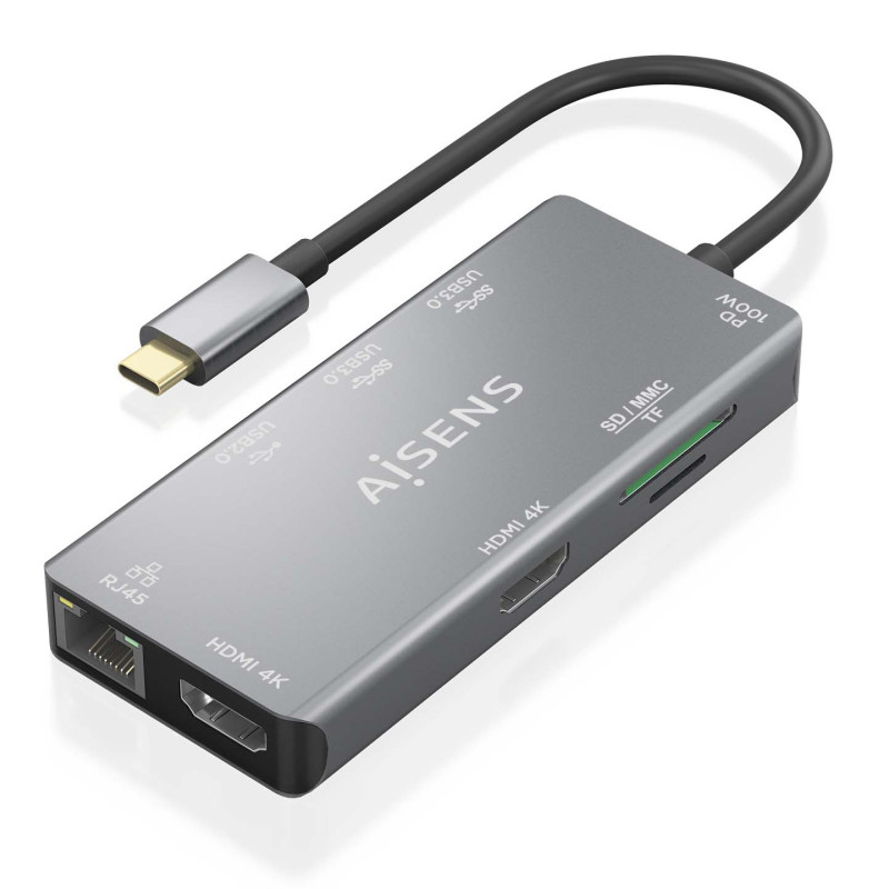 Aisens - usb-c dock 9 en 1, usb-c a 2xhdmi, 1xrj45, 2xusb-a usb3.0, 1xusb-a usb2.0, 1xusb-c pd, 1xsd, 1xmicro sd, gris, 15cm