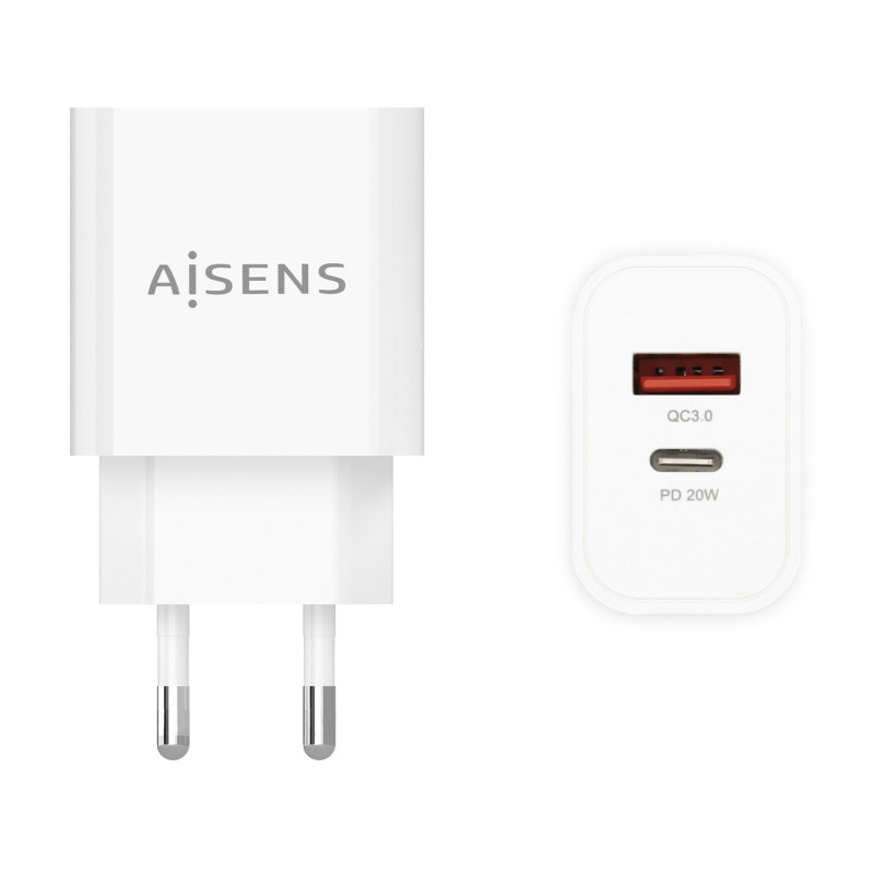 Cargador aisens 20w, 1xusb-c pd3.0, 1xusb-a qc3.0, blanco