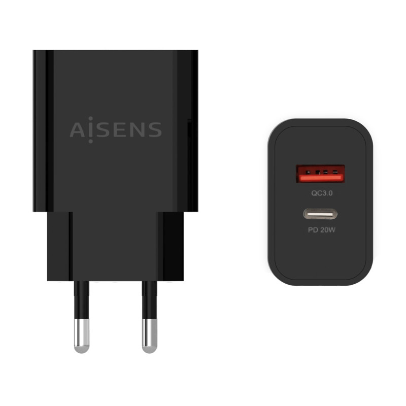 Cargador aisens 20w, 1xusb-c pd3.0, 1xusb-a qc3.0, negro