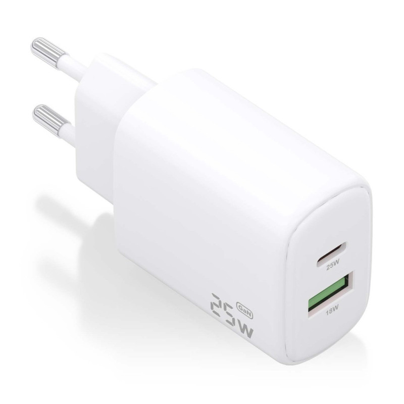 Cargador aisens gan 25w, 1xusb-c pd3.0, 1xusb-a qc3.0, blanco