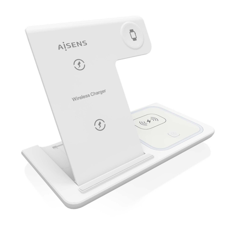 Aisens - cargador inalambrico usb-c 3 en 1 de 15w para movil, apple watch, ariculares con estuche de carga, blanco