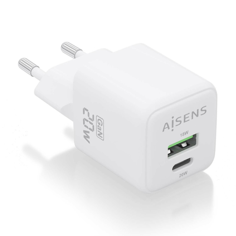 Aisens - cargador gan 20w, 1xusb-c pd3.0 qc4.0, 1xusb-a qc3.0, blanco