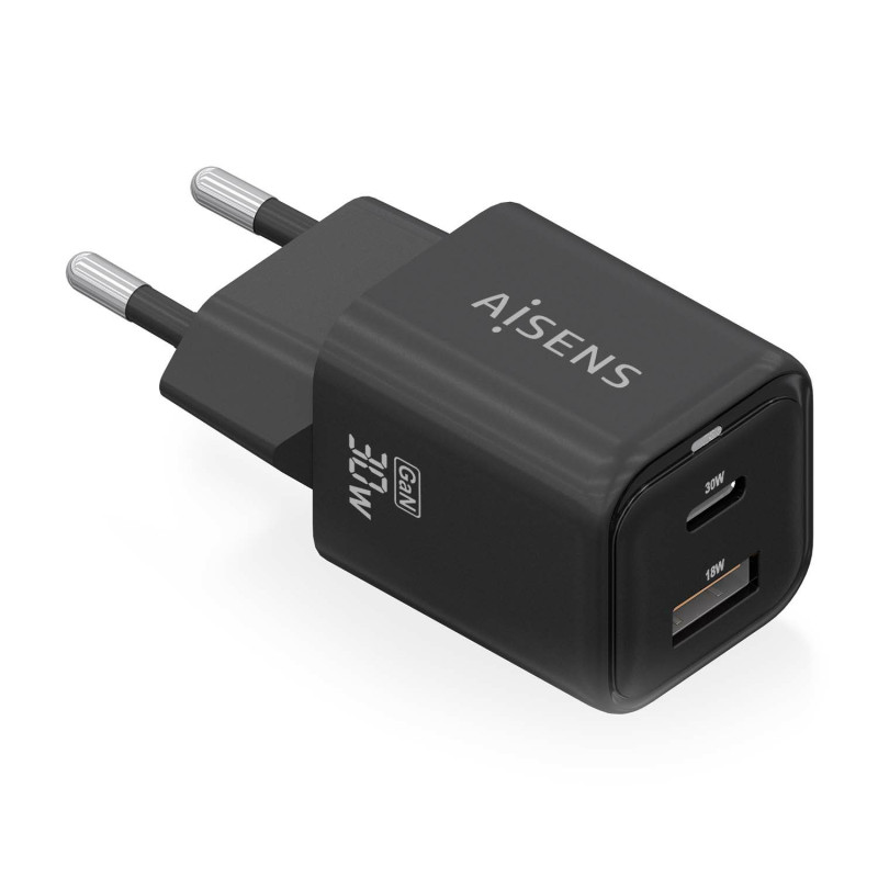 Aisens - cargador gan 30w, 1xusb-c pd3.0 qc4.0, 1xusb-a qc3.0, negro