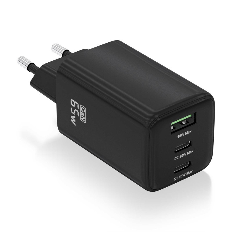 Aisens - cargador gan 65w, 2xusb-c pd3.0 qc4.0, 1xusb-a qc3.0, negro