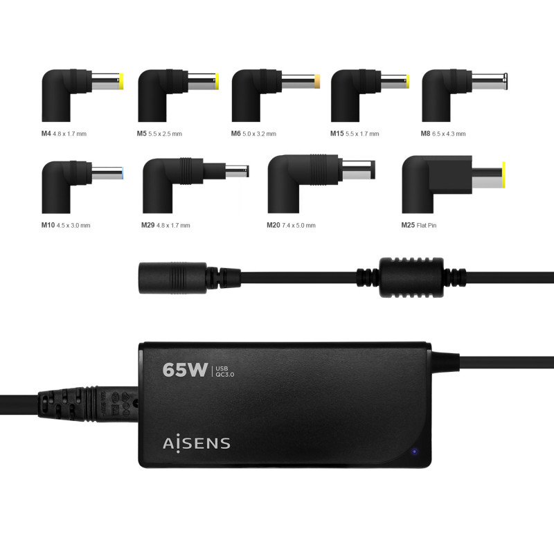 Aisens cargador 65w automatico universal multitension con 9 conectores + usb-a qc.3.0