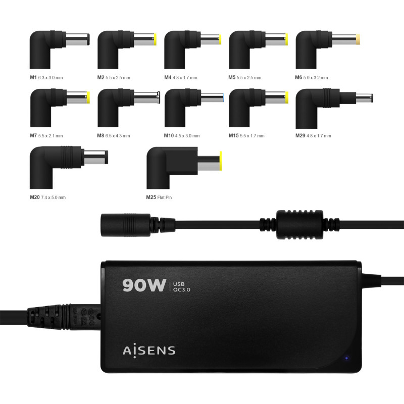 Aisens cargador 90w automatico universal multitension con 12 conectores + usb-a qc.3.0