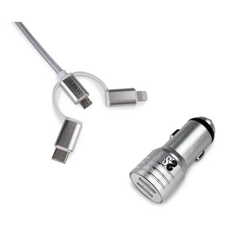 Subblim cargador coche dual alum 2.4a + cable 3 in1 silver