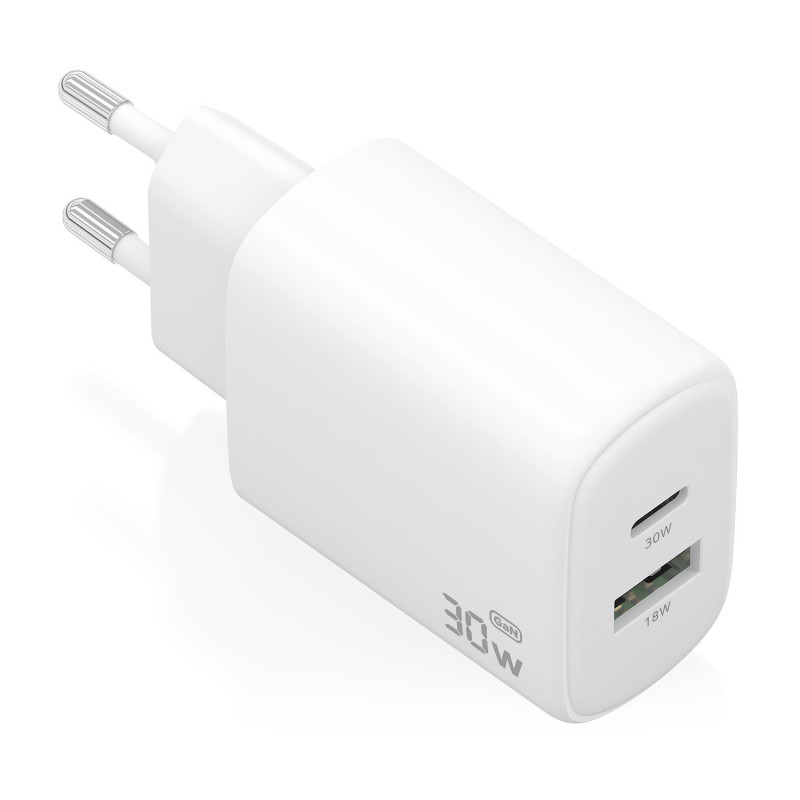 Aisens - cargador gan 30w, 1xusb-c pd3.0 qc4.0, 1xusb-a qc3.0, blanco