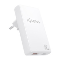 Aisens - cargador de pared gan ultra delgado 65w, 1xusb-c pd3.0 qc4.0, 1xusb-a qc3.0, blanco