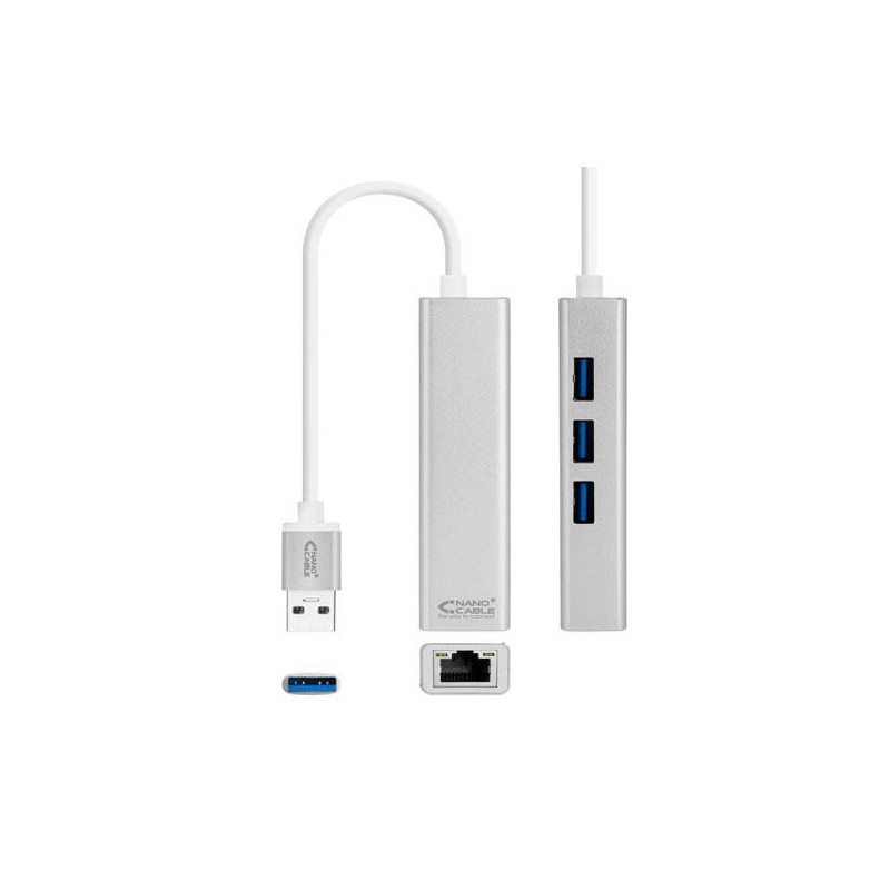 Adaptador conversor USB 3.0 a Ethernet Gigabit RJ45 + 3x USB 3.0 / Plata / 15 cm / 10.03.0403