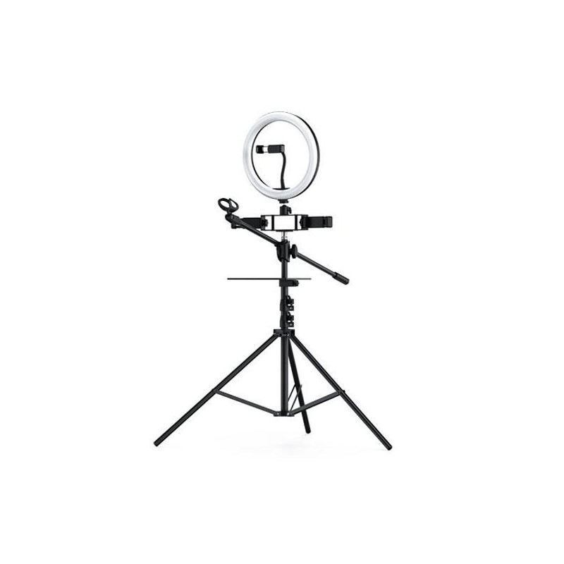 Anillo de Luz Led 26cm + Tripode Con 3 Soportes Movil + 1 Microfono Nr9103 3 modos de luz  26w  Negro / 2901032