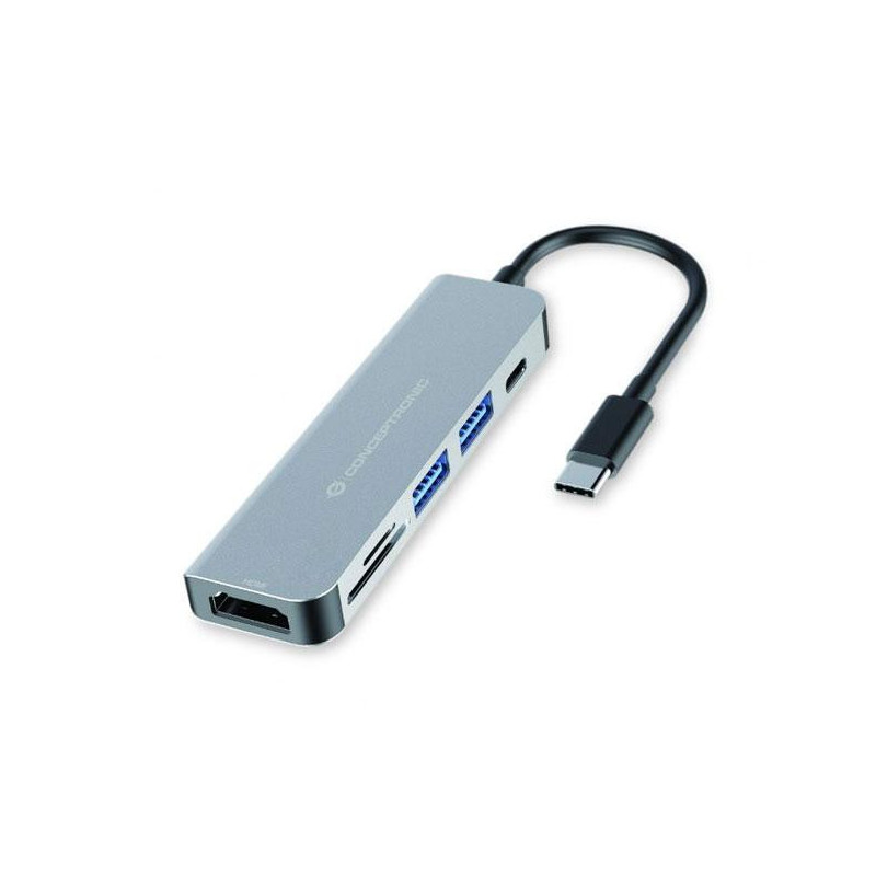 Hub Adaptador Type-C 6 en 1 Conceptronic / Hdmi - 2x Usb 3.0 - Lector SD - MicroSD - Type-C PD 60w /  DONN02G