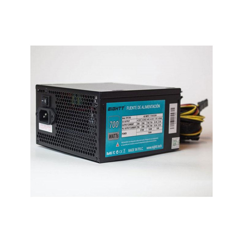 Fuente alimentacion ATX 700w Eightt EPS700 / Fan 120mm / 14db / 1x Eps / 12v 4 Pines / 4xSata / Pcie 6+2 / 2xIde / Negra EPS700