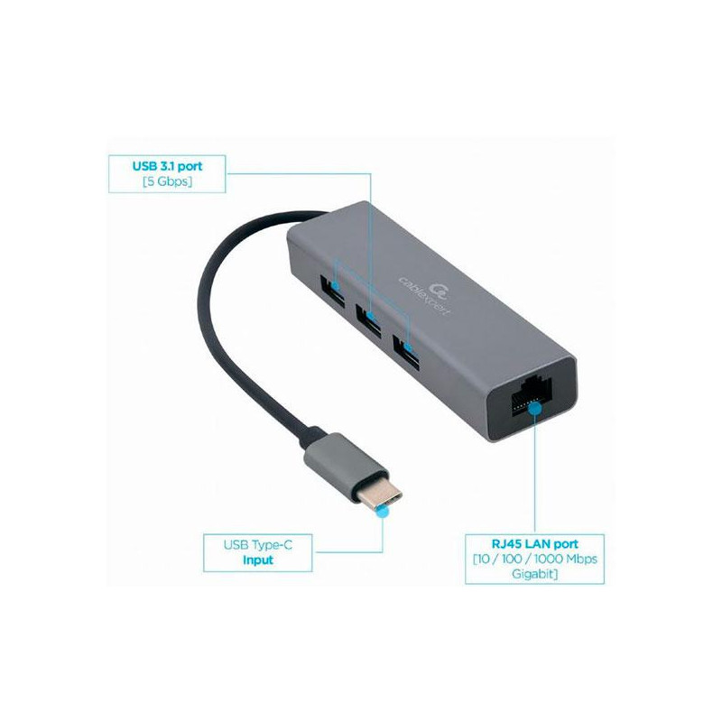 Hub Type-C a 3x USB 3.0 / 1x RJ45 Gigabit / 17 cm / A-CMU3-LAN-01