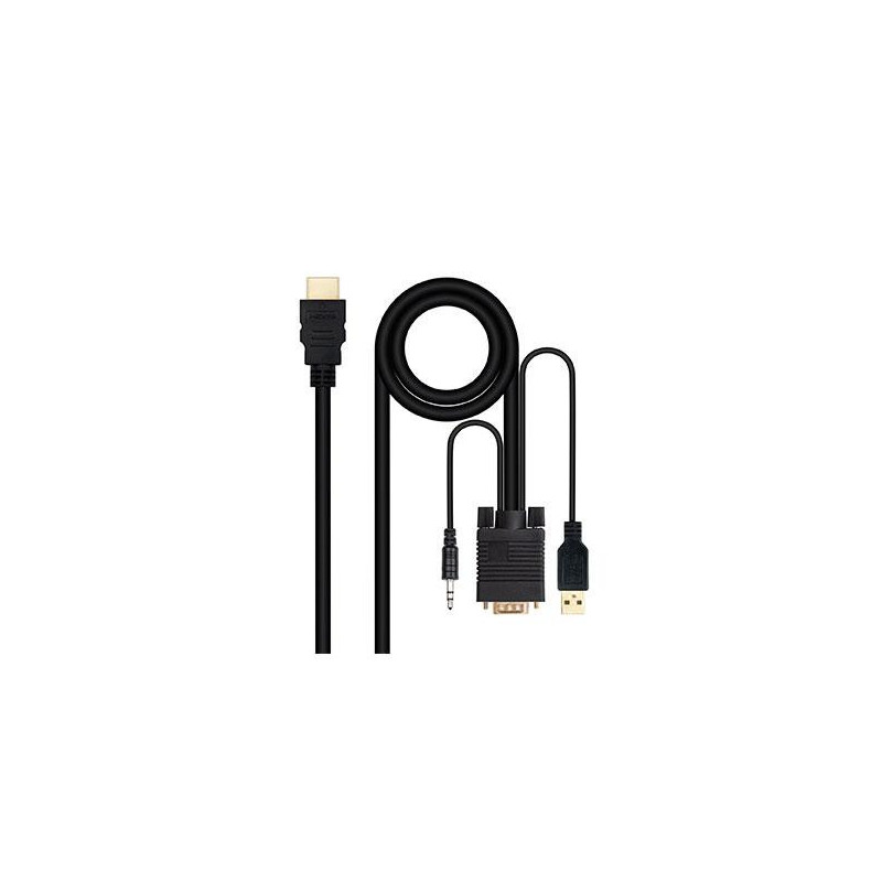 Cable adaptador HDMI a VGA + Audio + USB (Cables 1.8 Metros) Negro / Nanocable 10.15.4350